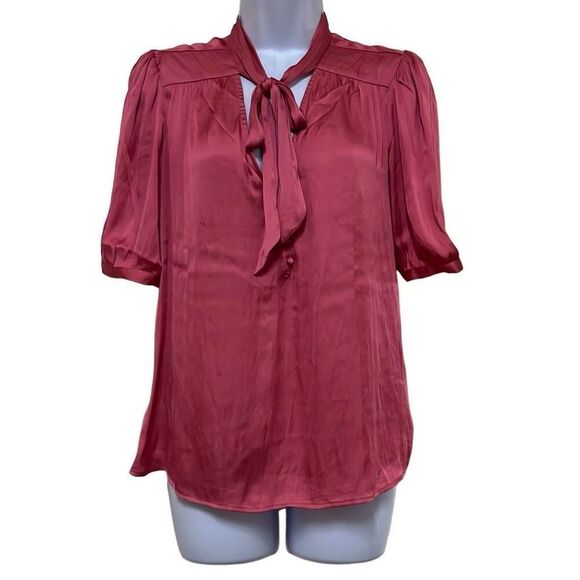 Paige Pink Satin Blouse Tie Neck Short Sleeves Small NWT Secretary Slinky Work - Picture 1 of 11